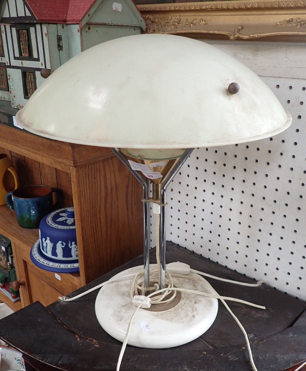 A POST MODERN STYLE CHROME AND PAINTED METAL LAMP with domed plastic shade