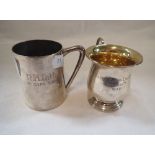 A HALLMARKED SILVER CHRISTENING MUG of baluster form with gilt interior and another silver mug stamp