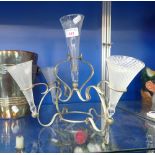 A VINTAGE SILVER PLATED P&O ICE BUCKET and a plated epergne with glass trumpets