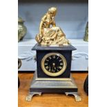 A 19TH CENTURY SLATE CASED MANTEL CLOCK with ormolu fittings (chip to slate)