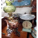 A VICTORIAN COPPER KETTLE on wrought iron stand, a brass oil lamp and two sets of scales