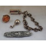 A 9CT GOLD AND AMBER RING, SILVER BRACELET and other items