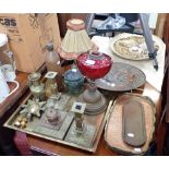 AN ART NOUVEAU PATINATED SPELTER TWO HANDLED POT, a Chinese brass vase, a pair of cast brass candles