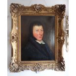 AN EARLY 19TH CENTURY PORTRAIT OF A GENTLEMAN IN A BLUE COAT WITH WHITE STOCK signed F. Kieft. Oil o