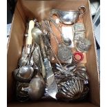 A QUANTITY OF ASSORTED SILVER PLATED FLATWARE, INCLUDING IVORY HANDLED FRUIT KNIVES AND FORKS, A TWI