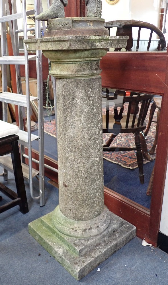 A PAIR OF WEATHERED RECONSTITUTED STONE COLUMNS with square bases and capitals, 97cm high - Image 2 of 2