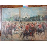 AN OIL ON BOARD, PROCESSION ON HORSEBACK BEFORE A FOUNTAIN