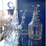 A MOULDED GLASS DECANTER WITH HALLMARKED SILVER COLLAR FOR BIRMINGHAM, 27CM HIGH OVERALL; AND TWO FU