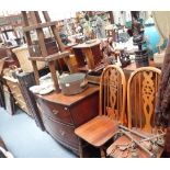 A 19TH CENTURY BOW FRONT CHEST OF DRAWERS, A GRADUATED SET OF THREE OAK TABLES AND A PAIR OF WHEEL-B