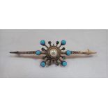 A VICTORIAN YELLOW METAL PEARL AND TURQUOISE BROOCH