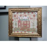 A 19TH CENTURY SAMPLER, depicting a house amongst flowers and motifs 'Jane Hardy 1840'