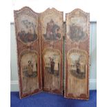 A ROCOCO STYLE 'SPANISH' LEATHER FOLDING SCREEN of small proportions decorated with vignettes of peo