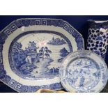 A CHINESE EXPORT BLUE AND WHITE PLATE, a similar meat plate (examine) and a cylinder vase (examine)