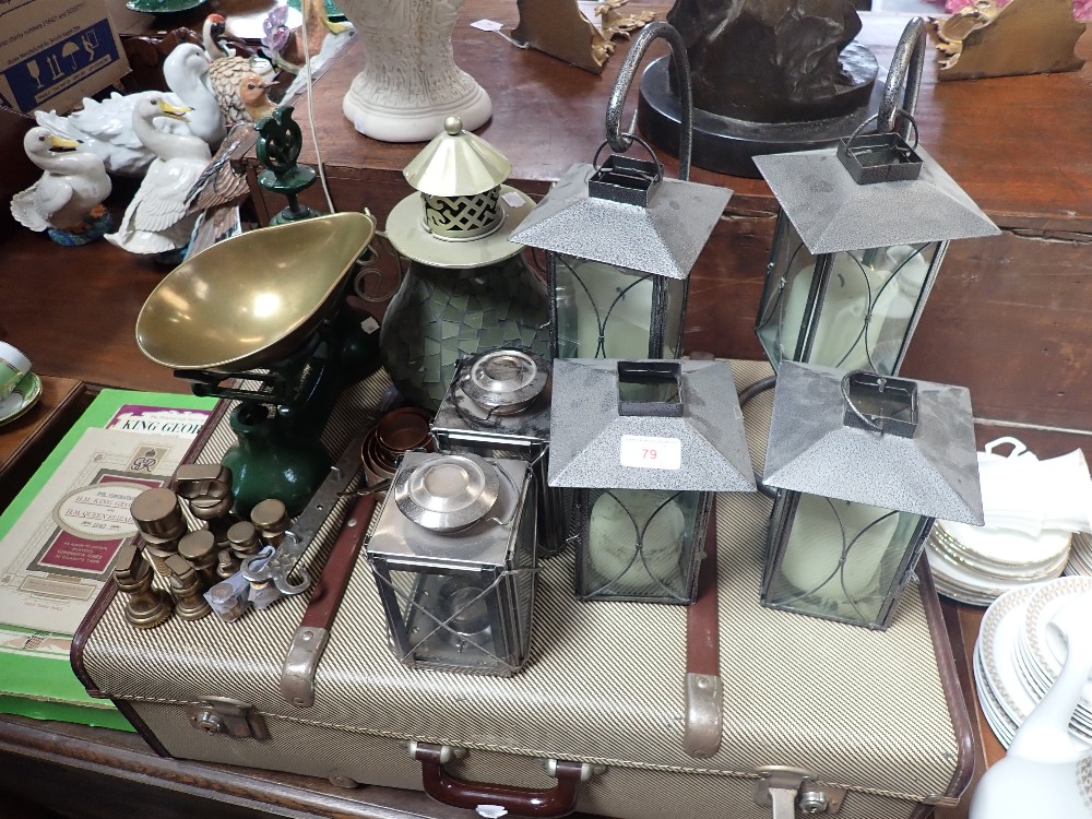 A COLLECTION OF METAL LANTERNS, a John Leech 'Punch' volume, copper measuring pans, scales and sundr