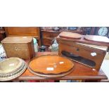 A MAHOGANY COUNTRY HOUSE POST BOX, book slides, bookends painted with owls, and other items