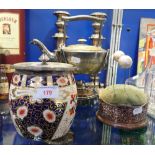 A PAIR OF 19TH CENTURY PLATED CANDLESTICKS, a spirit kettle and similar items