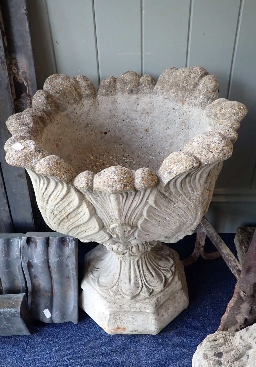 A PAIR OF RECONSTITUTED GARDEN URNS 57cms high - Image 2 of 2