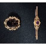 A 15CT YELLOW GOLD BAR BROOCH, set to the centre with an amethyst and seed pearls, together with a q