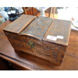 A MINIATURE INDONESIAN CARVED CAMPHOR WOOD CHEST, 37cms wide