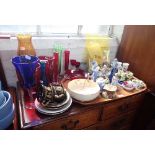 A COLLECTION OF GLASS, CERAMICS, A WOODEN TRAY AND A FEW PRE-WAR GERMAN STAMPS