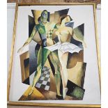 A CUBIST STYLE OIL ON BOARD PAINTING OF BALLET DANCERS