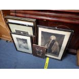 A COLLECTION OF PORTRAIT PRINTS AND AN ARMORIAL PAINTED ON CANVAS