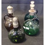 FOUR COLOURED GLASS DECANTERS