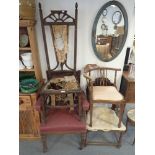 A VICTORIAN OAK AND UPHOLSTERED OPEN ARMCHAIR