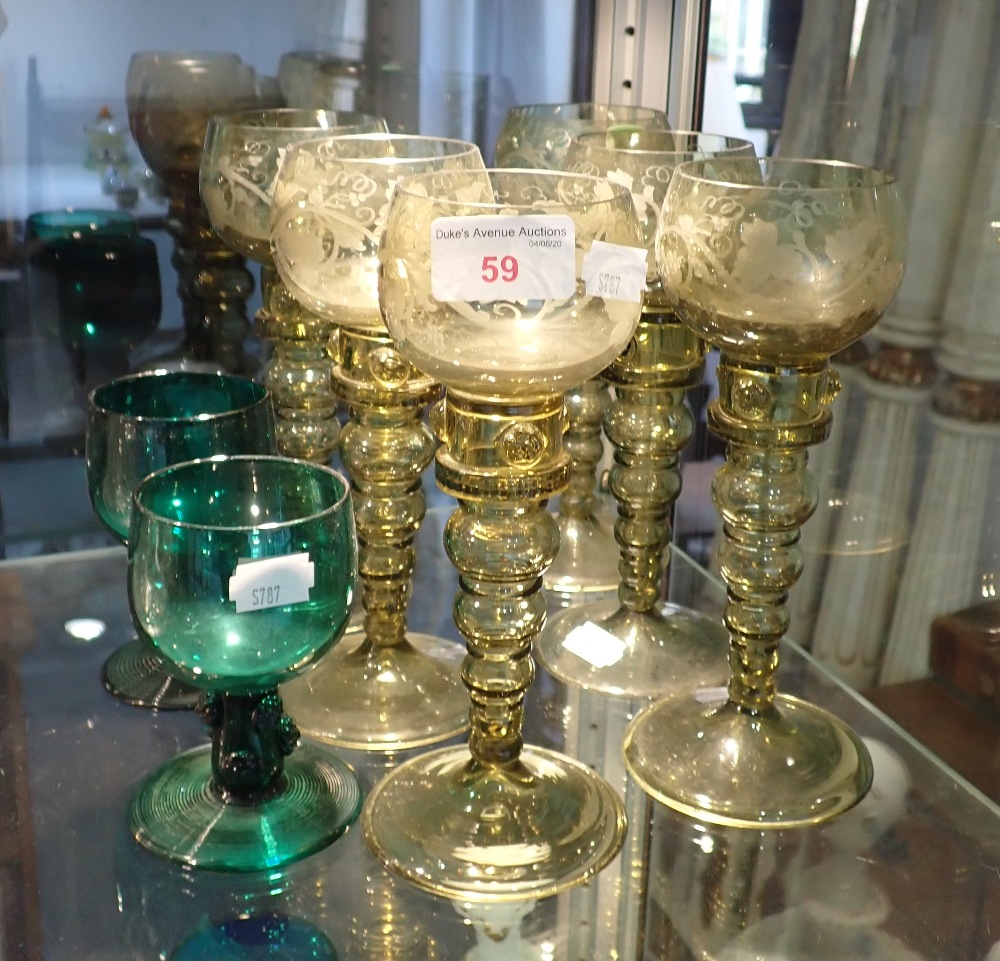 SIX TALL WINE GLASSES WITH FOLIATE ENGRAVING