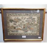 A FRAMED LINEN CLOTH PICTURE PRINTED WITH THE WILLOW PATTERN