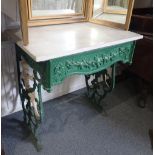A VICTORIAN PAINTED CAST IRON AND MARBLE TOPPED STAND
