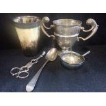 A VICTORIAN SILVER PRESENTATION CUP, approx 10.3oz, together with a collection of sundries