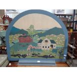 AN AMERICAN FOLK ART STYLE PAINTED PANEL mounted as a fire screen, decorated with a farm yard scene