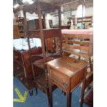 A GEORGE III MAHOGANY NIGHT STAND, another similar and an oak pot cupboard (3)