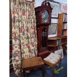 A CHINESE HARDWOOD CASED LONGCASE CLOCK and two stools