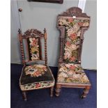 A VICTORIAN WALNUT PRIE DIEU CHAIR with original needlework upholstery and a similar small chair (2)