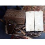 A 19TH CENTURY MARBLE TOP CHEESE CUTTER WITH WIRE, a carved pipe rack and sundries