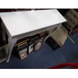 A REPRODUCTION WHITE PAINTED CONSOLE TABLE, and an Edwardian parlour chair