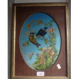 A 19TH CENTURY STUDY OF BLUE TITS ON HONEYSUCKLE, oil on oak panel