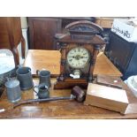 AN AMERICAN WALNUT CASE MANTLE CLOCK, pewter mugs, a wooden pipe and other items
