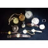 A COLLECTION OF POCKET WATCHES, WRISTWATCHES, and a pocket compass, inscribed "EC Wood London"