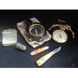 A MILITARY POCKET COMPASS, a pocket watch and sundries
