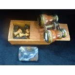 A WOODEN CHESS SET, a pair of opera glasses and an onyx dish
