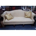 A GEORGE III STYLE MAHOGANY FRAMED CAMEL BACK SOFA, with squab cushion, 202cm wide