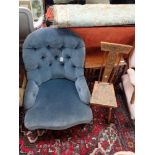 A VICTORIAN BUTTON BACK CHAIR IN BLUE VELVET, a nest of tables and a spinning chair (3)