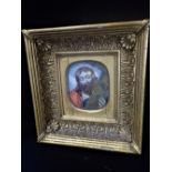 A 19TH CENTURY PAINTING OF CHRIST WITH THE CROSS, in a gilt frame, 21cm high