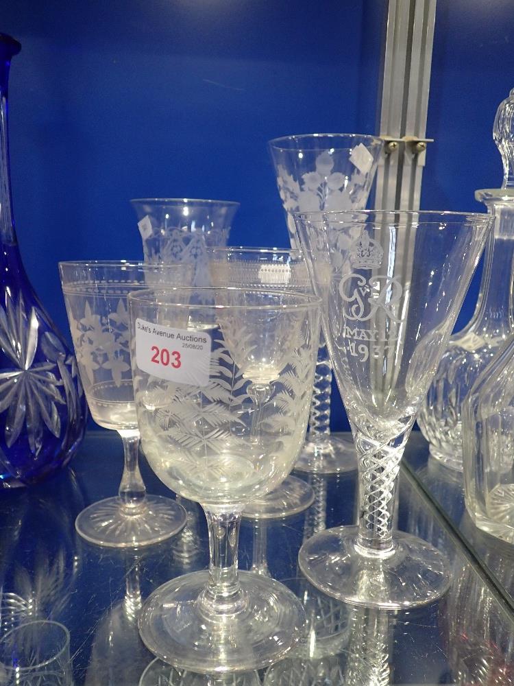 A COLLECTION OF 19TH CENTURY ETCHED GLASSES and a 1937 'G VI R' goblet (6)