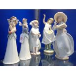 LLADRO; THREE YOUNG WOMEN FIGURES and two 'pixie' bells (5) (with boxes)