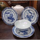 THREE CHINESE EXPORT BLUE AND WHITE PLATES, a Chinese export bowl and other ceramics