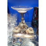 A 19TH CENTURY SILVER PLATED INK STAND and a similar plated centrepiece with (later) glass bowl